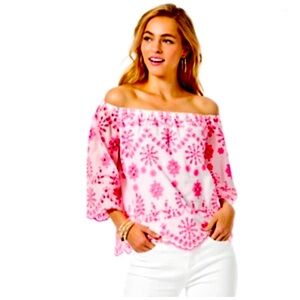 Lilly Pulitzer Laurence Pink and White Off-The-Shoulder Eyelet Blouse